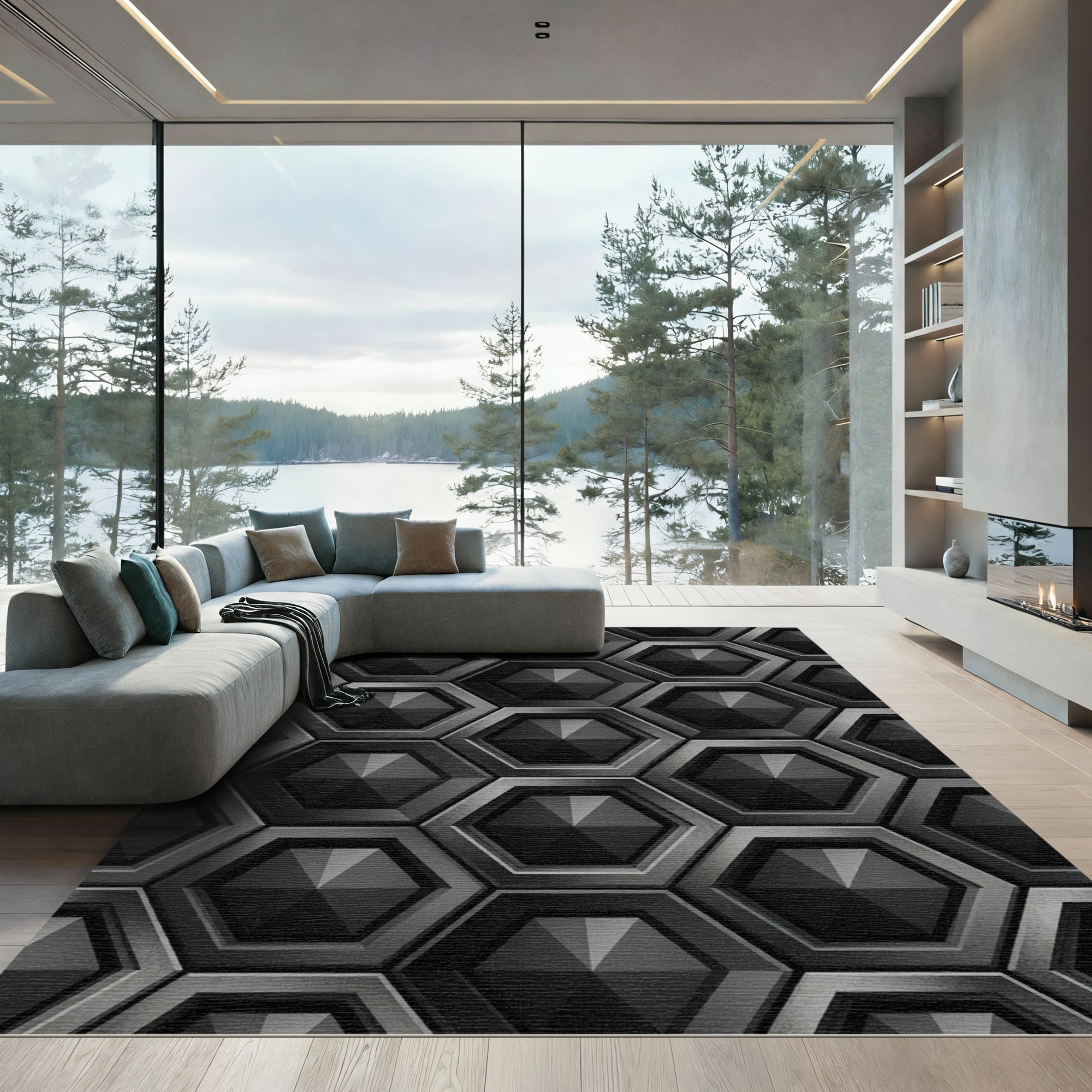 Sophisticated Charcoal Geometric Hexagon Rug