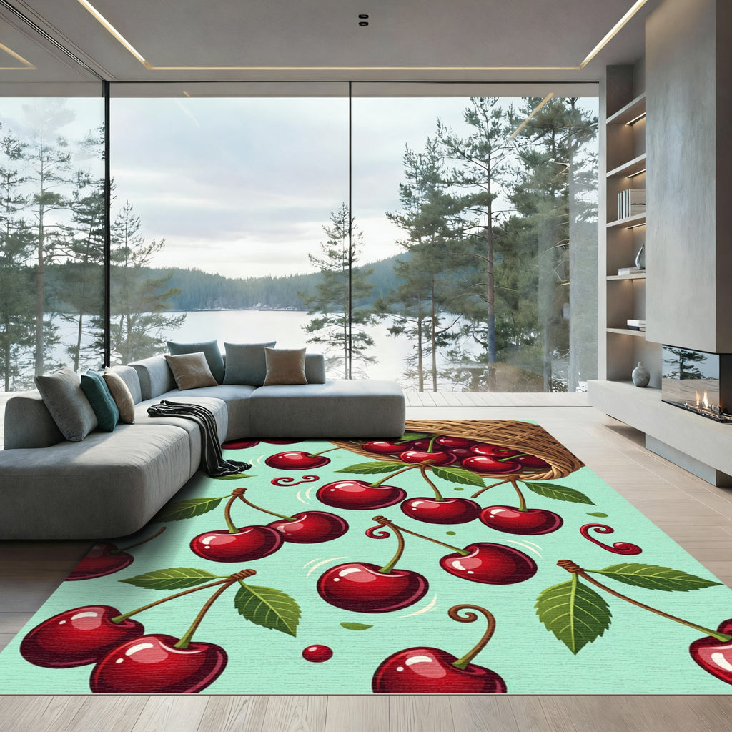Vibrant Falling Cherry Fruit Illustration Rug