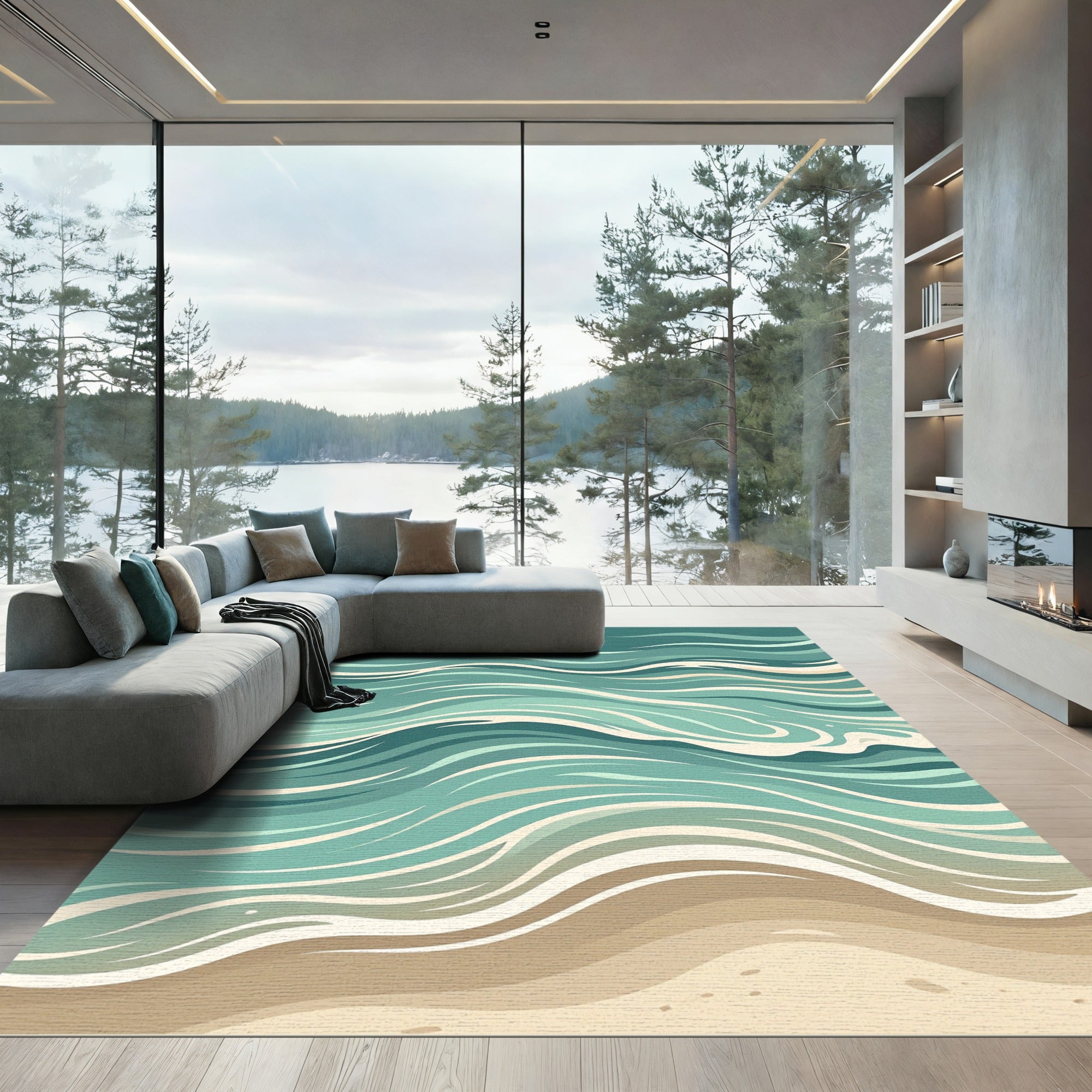 Abstract Teal Sea Wave Tapestry Rug