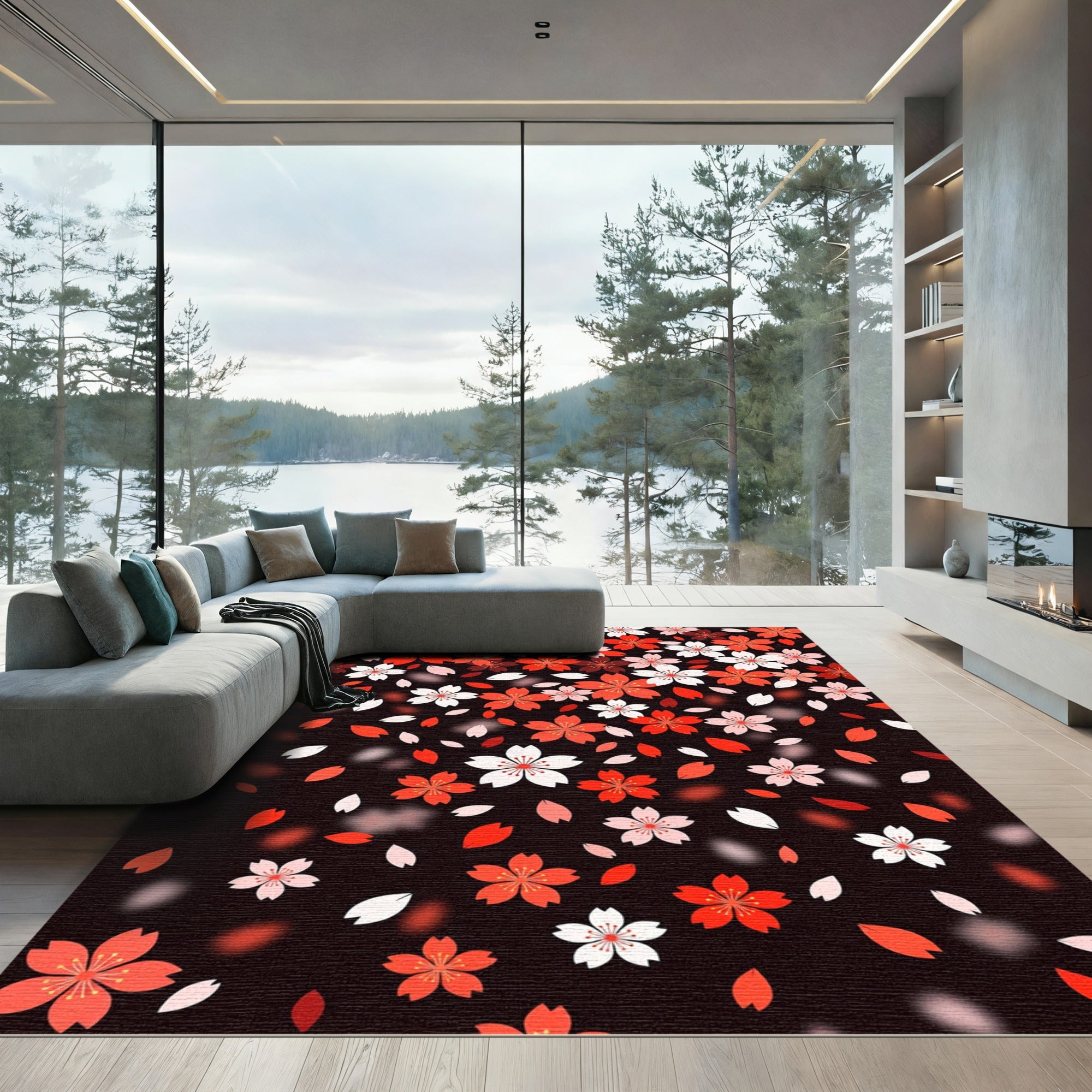 Crimson White Cherry Blossom Shower Rug