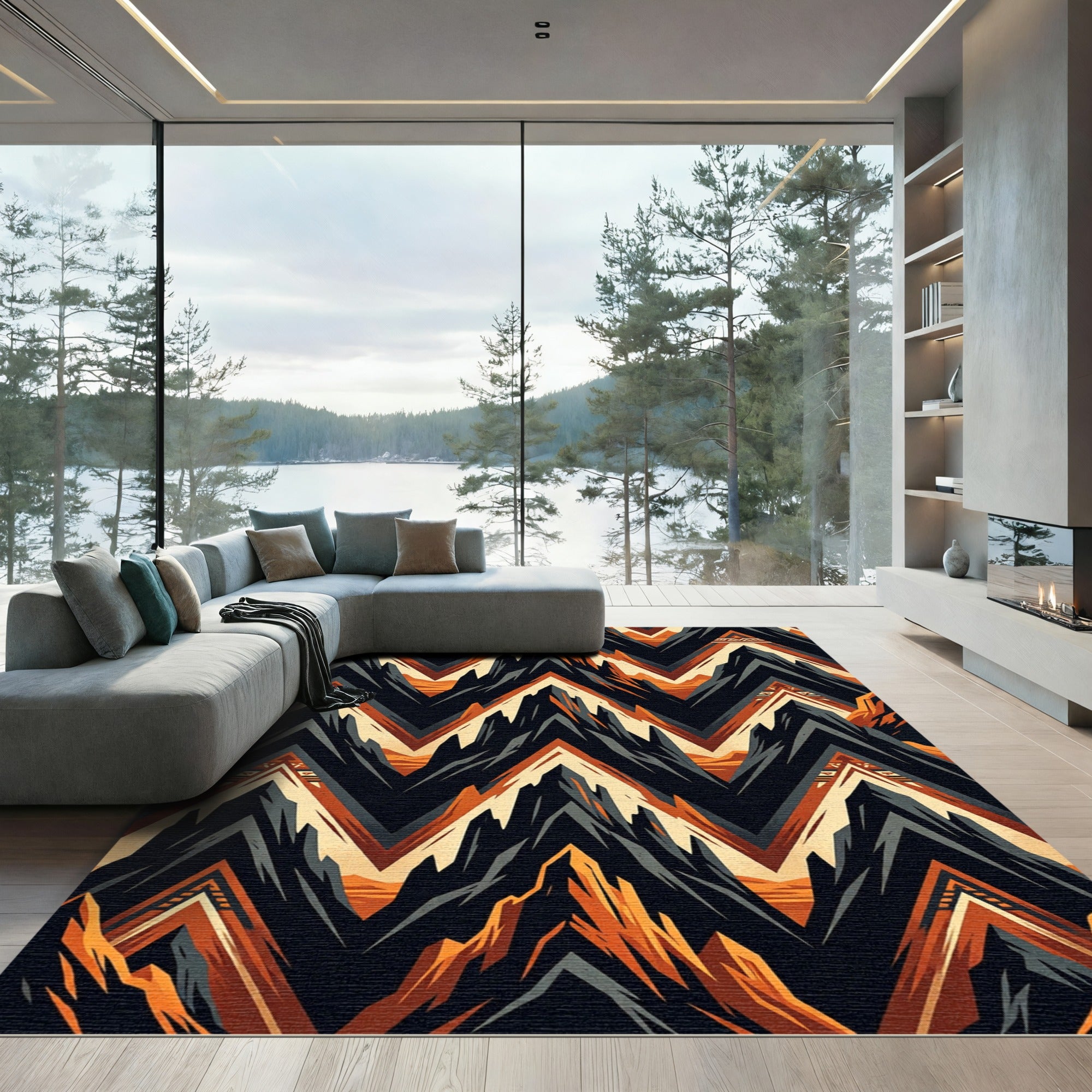 Crimson Black Mountain Chevron Waves Rug