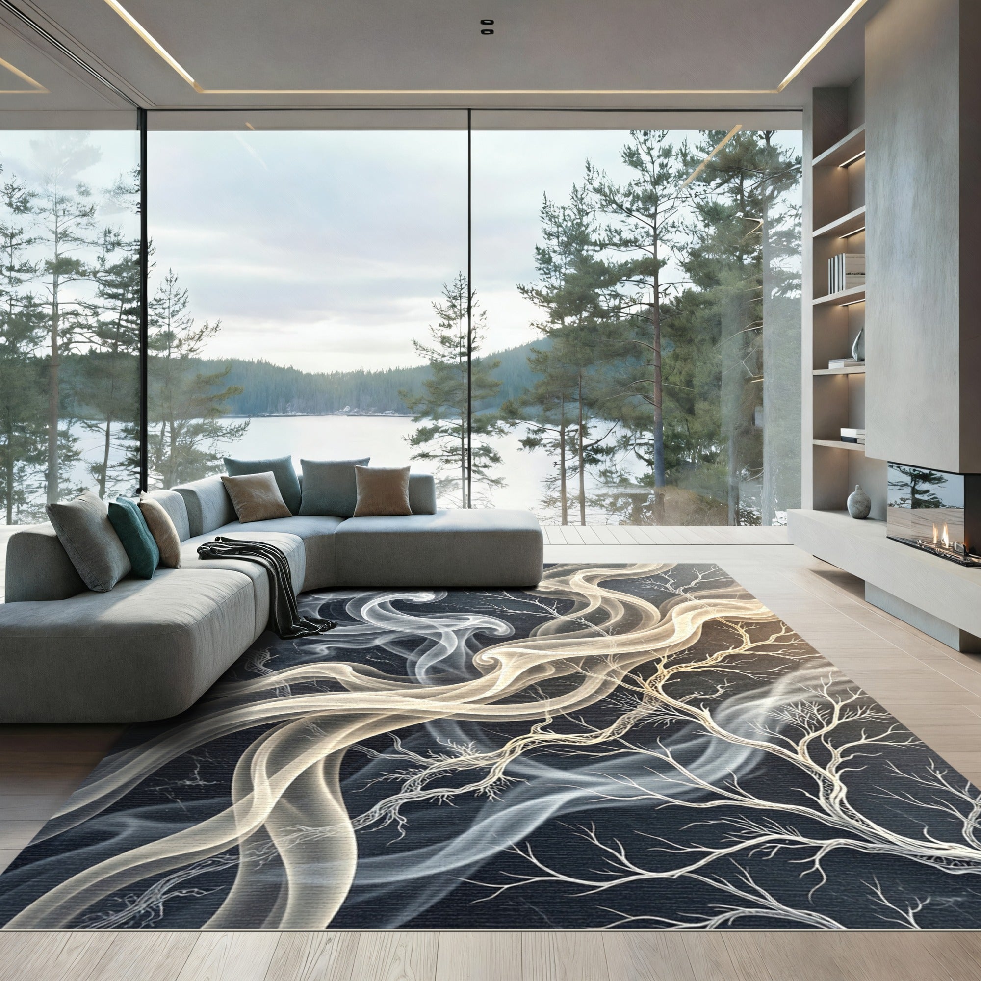 Ethereal Neutral Smoke and Branch Swirl Rug