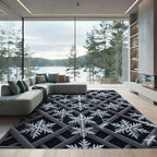 Dark Silver Geometric Snowflake Lattice Rug
