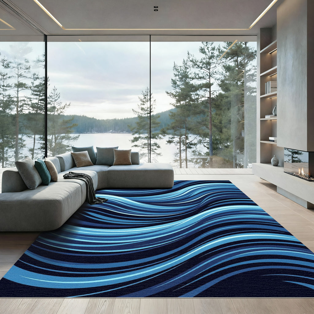 Dynamic Blue Abstract Liquid Wave Rug