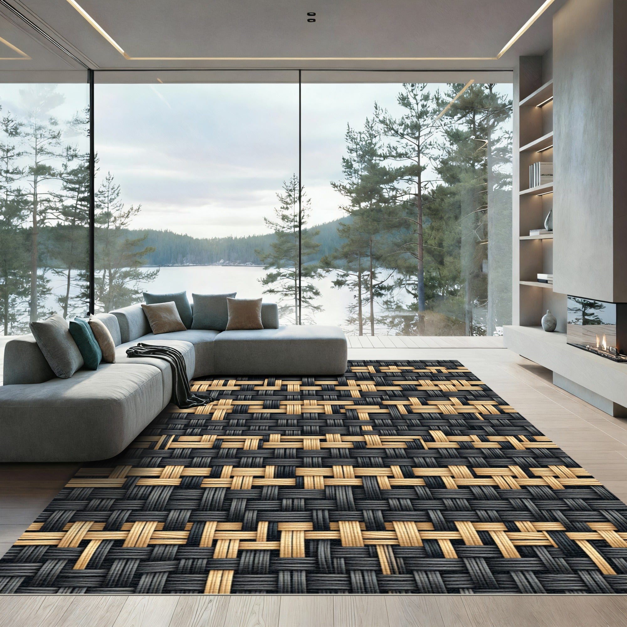 Modern Black and Beige Woven Texture Rug