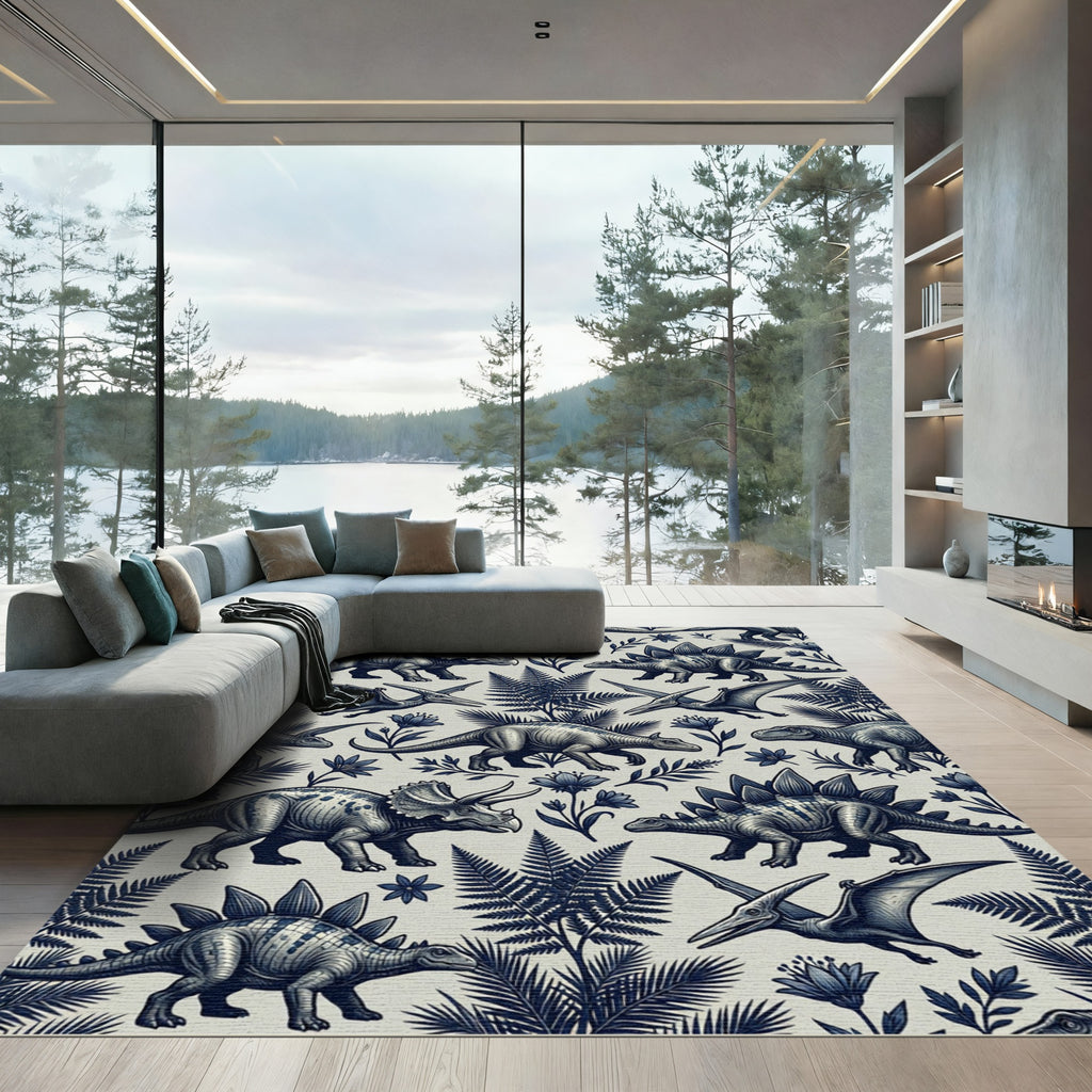 Vintage Navy Dinosaur Botanical Illustration Rug