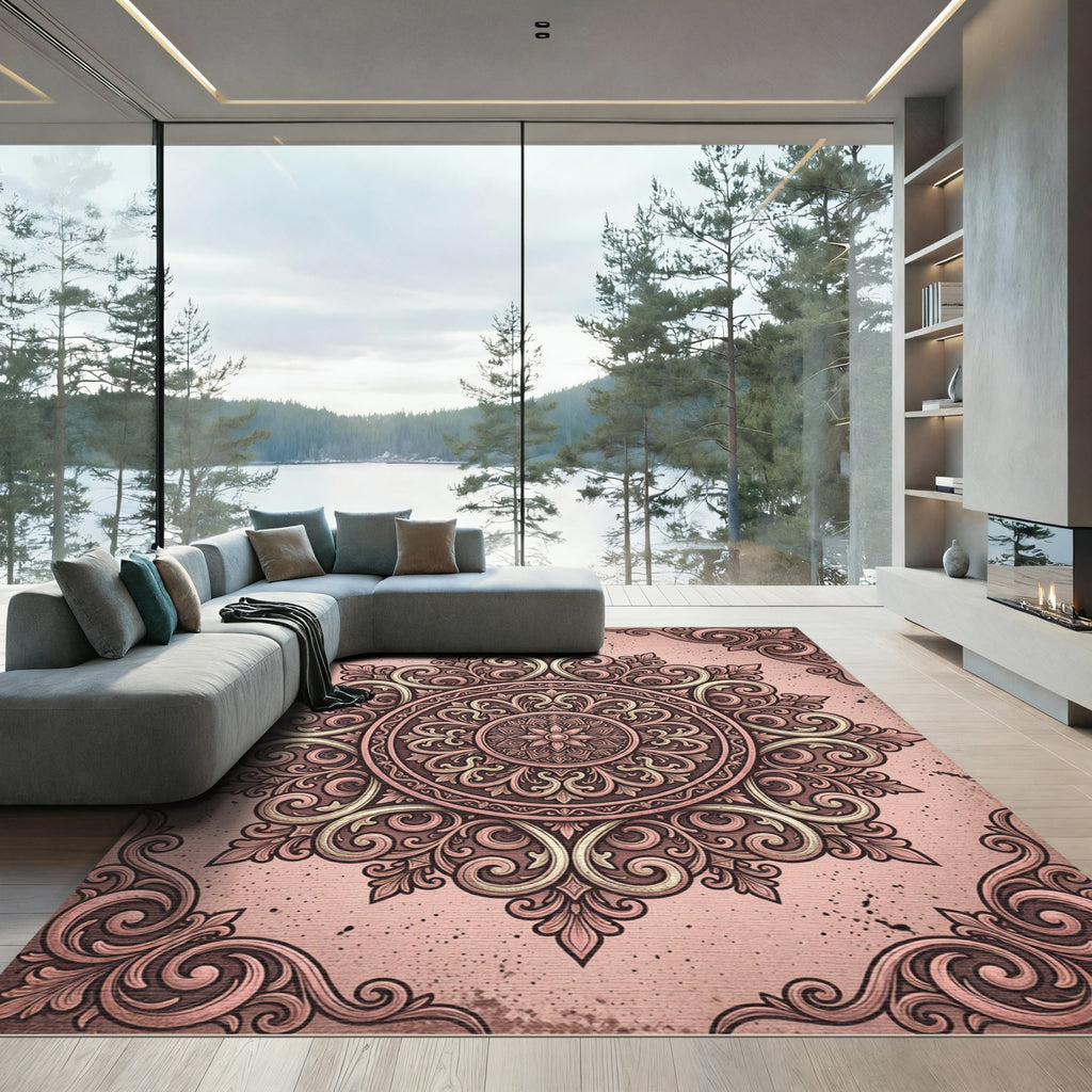 Elegant Dusty Rose Ornate Mandala Rug