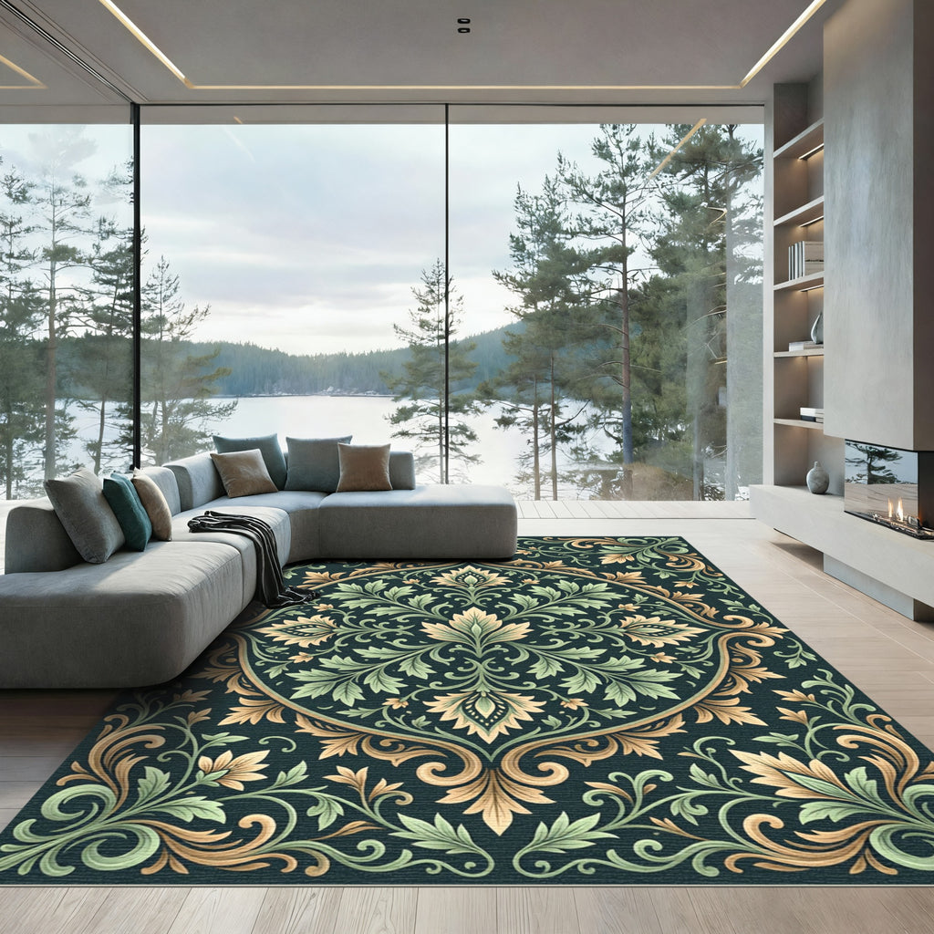 Elegant Sage and Gold Scrolling Medallion Rug