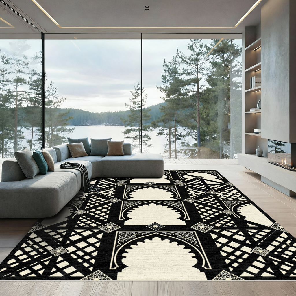 Monochromatic Islamic Arch Geometric Lattice Rug