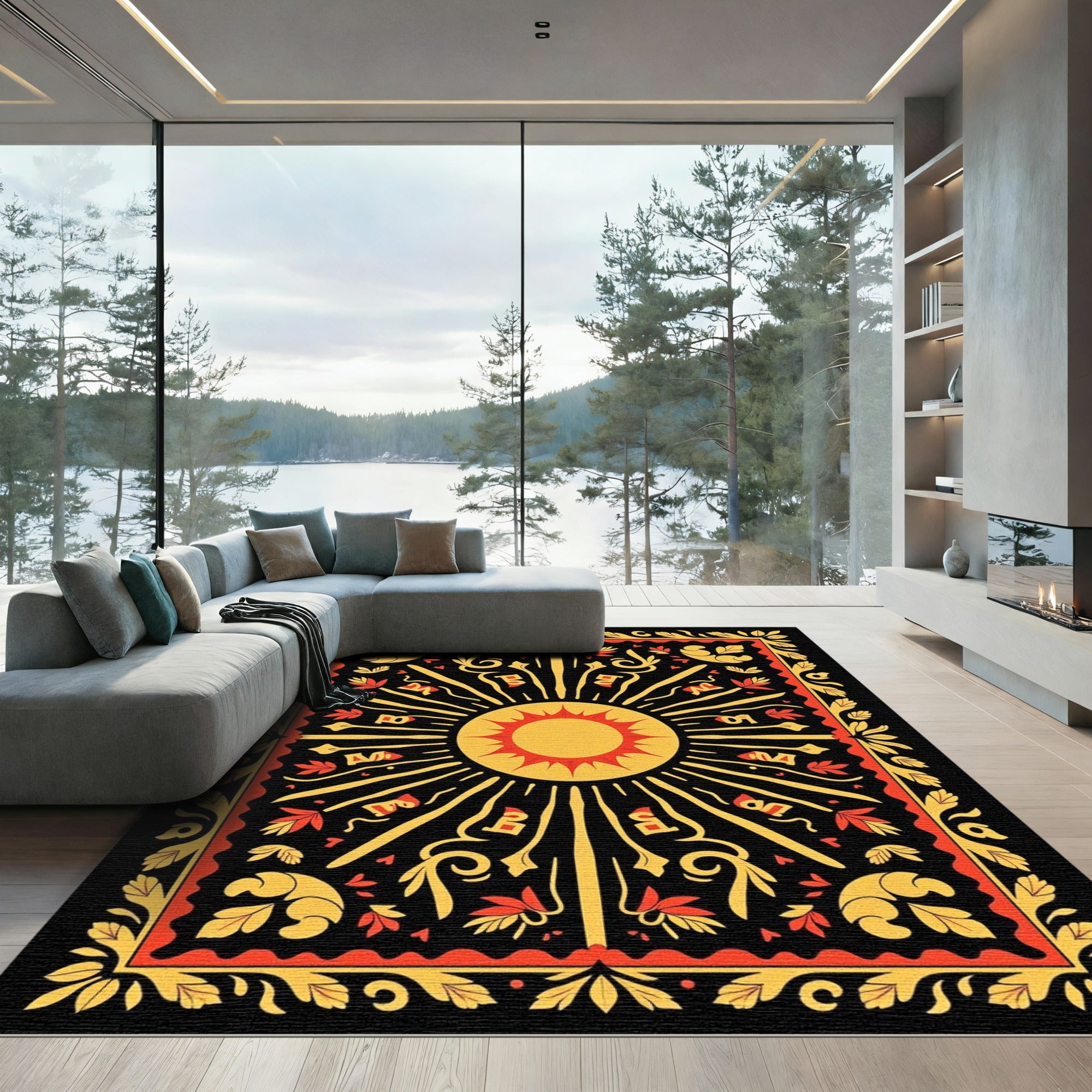 Radiant Sun Crimson Floral Border Rug