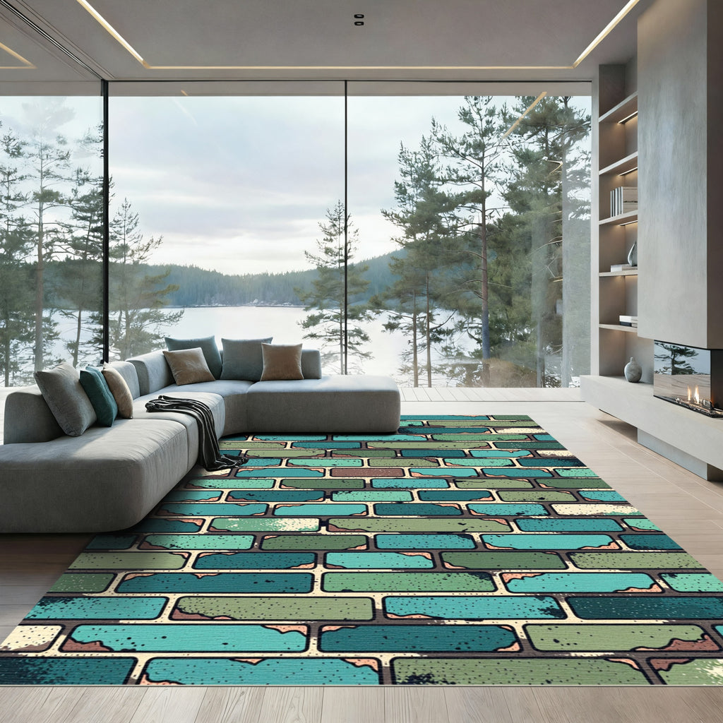 Textured Teal Green Brick Wall Rug