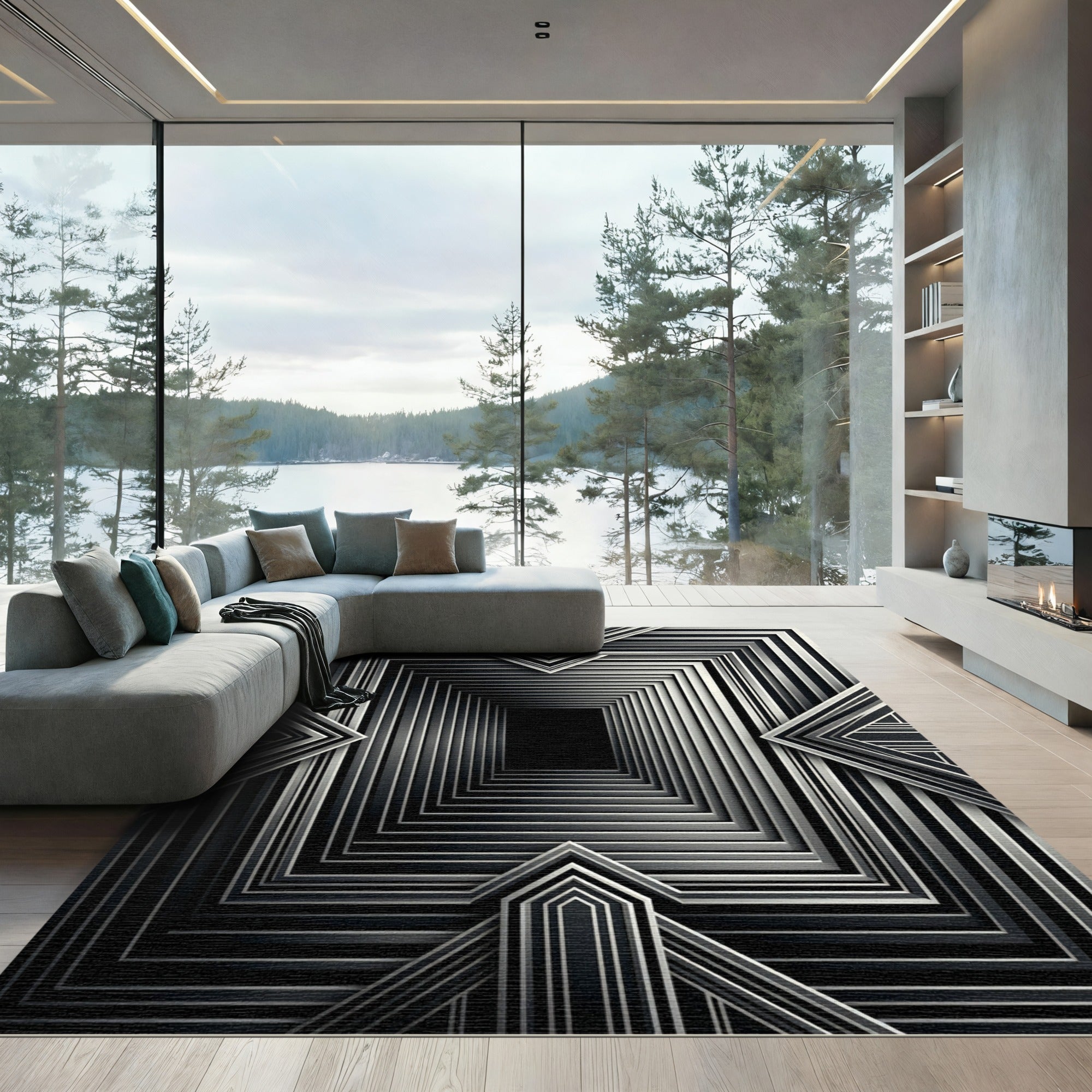 Monochromatic Art Deco Geometric Tunnel Rug
