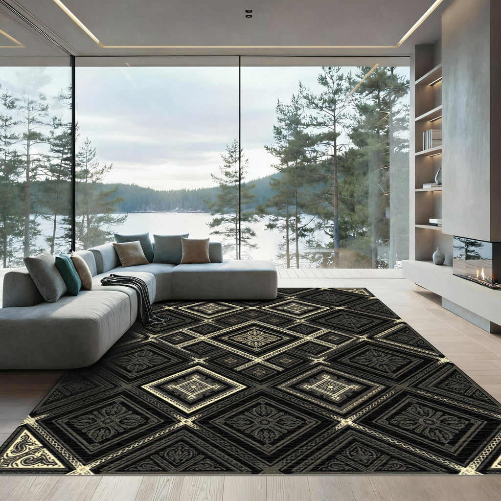 Gold Geometric Lattice Ornate Noir Rug