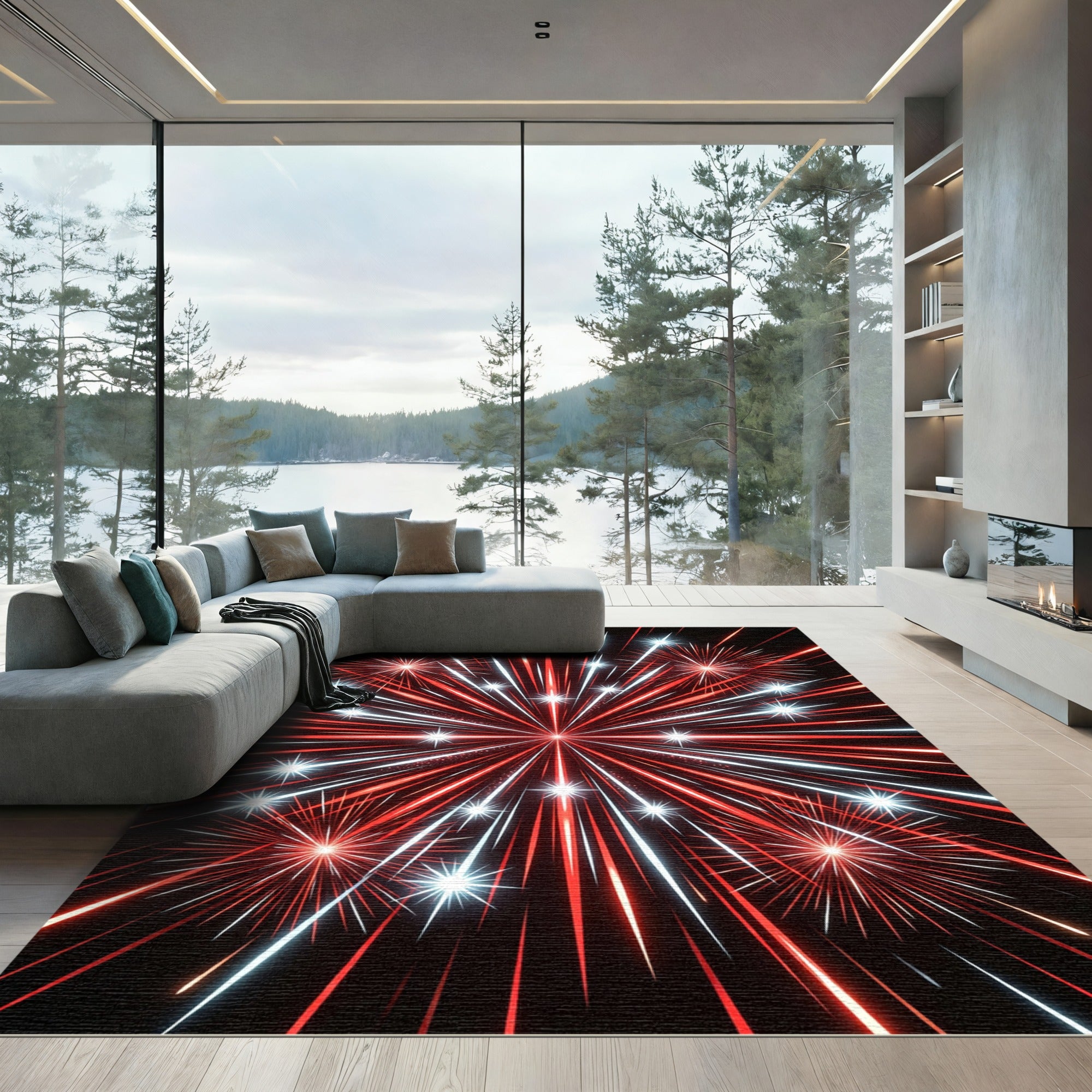 Red White Bursting Starburst Fireworks Rug
