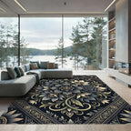 Elegant Charcoal Gold Floral Medallion Rug