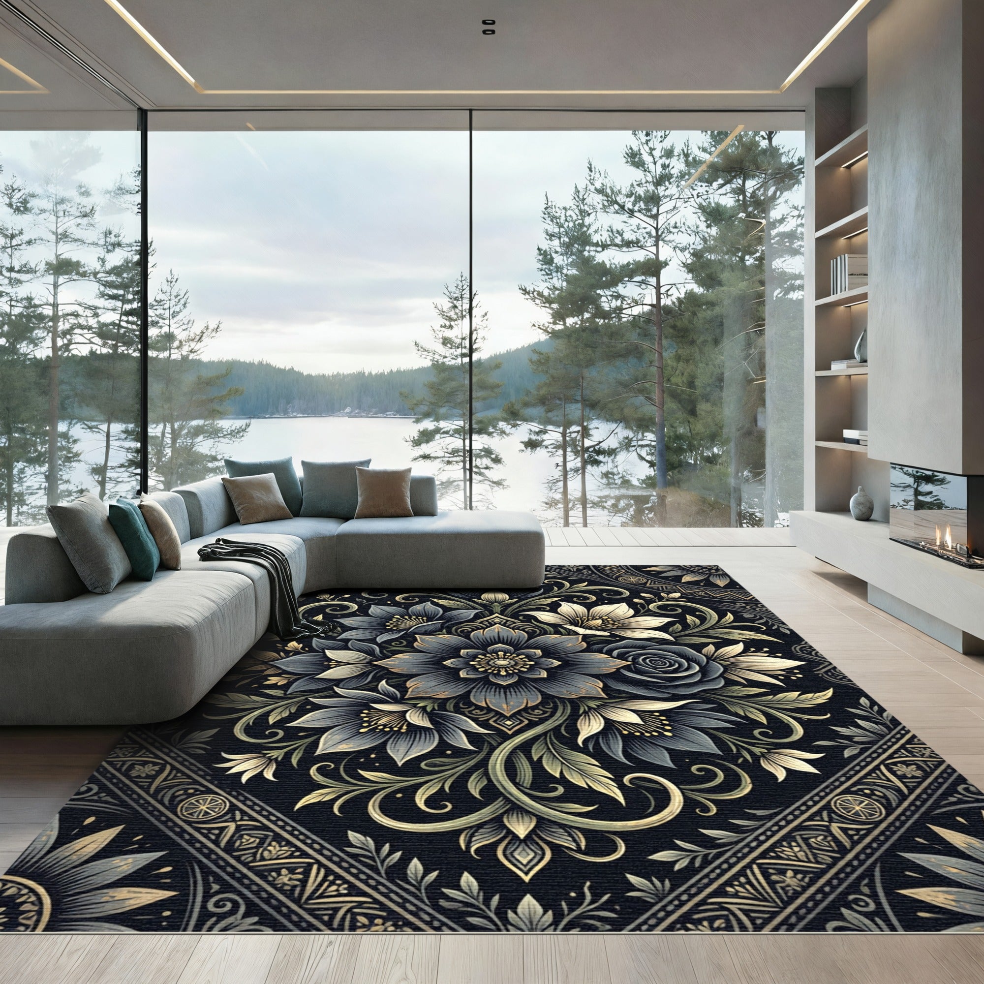 Elegant Charcoal Gold Floral Medallion Rug