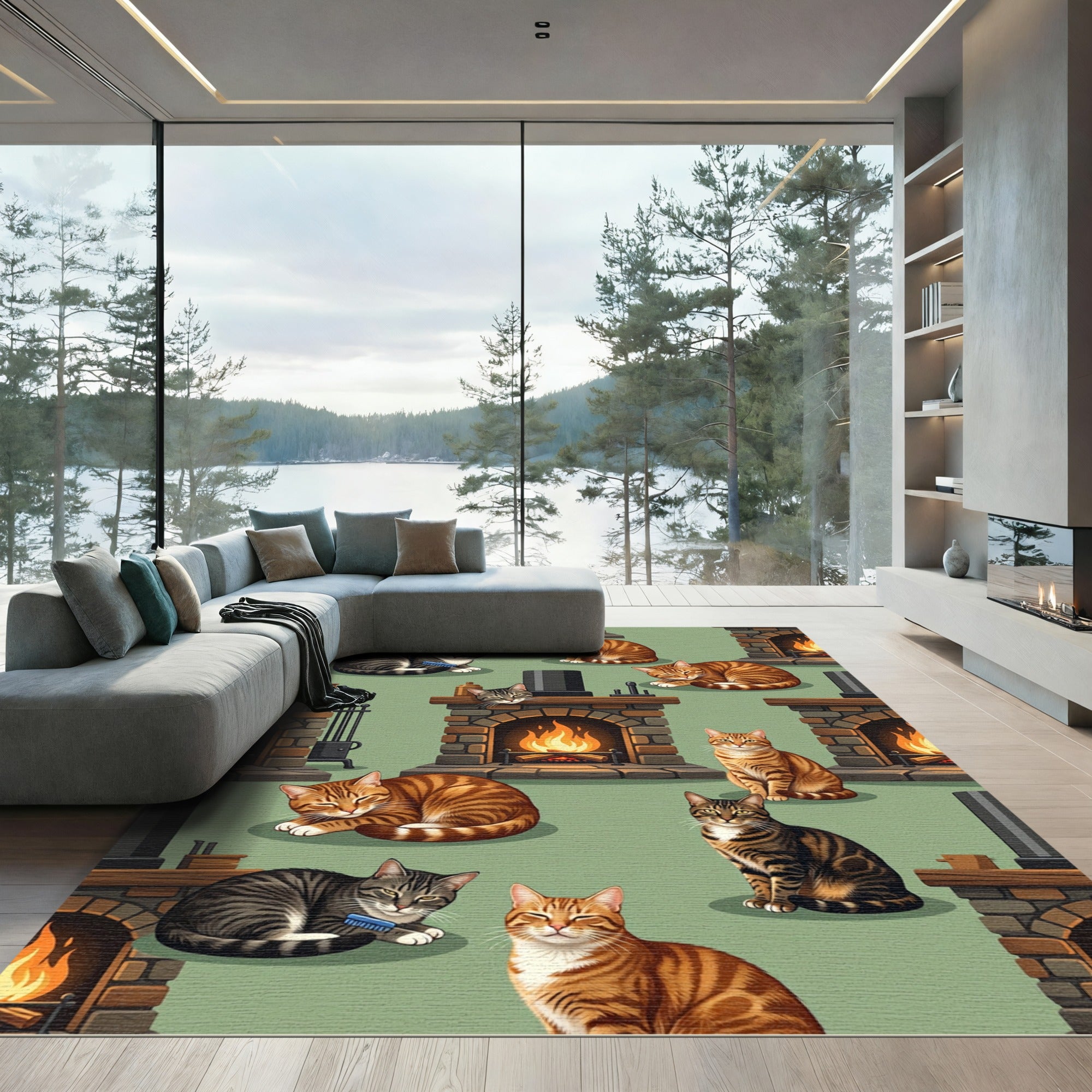 Cozy Fireplace Tabby Cat Repeat Rug