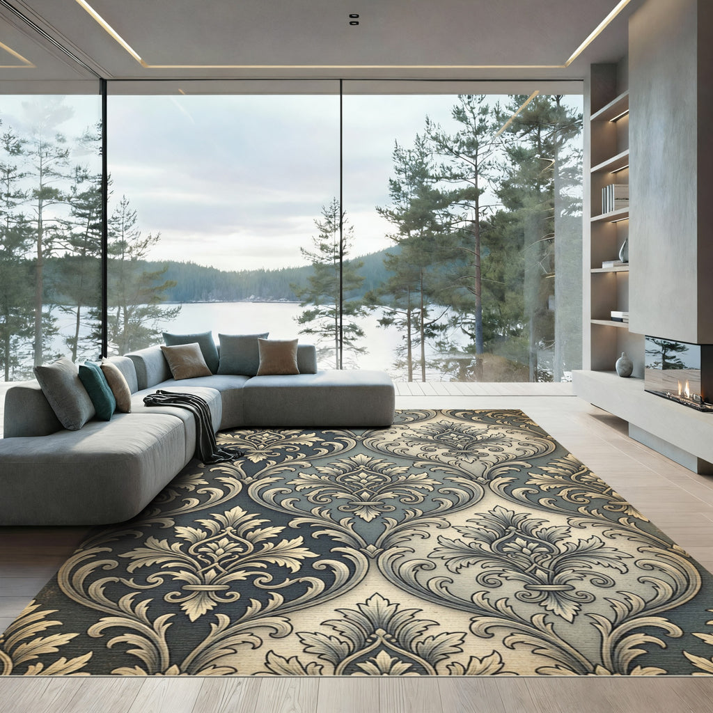 Intricate Damask Blue Gold Leaf Rug