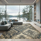 Intricate Damask Blue Gold Leaf Rug