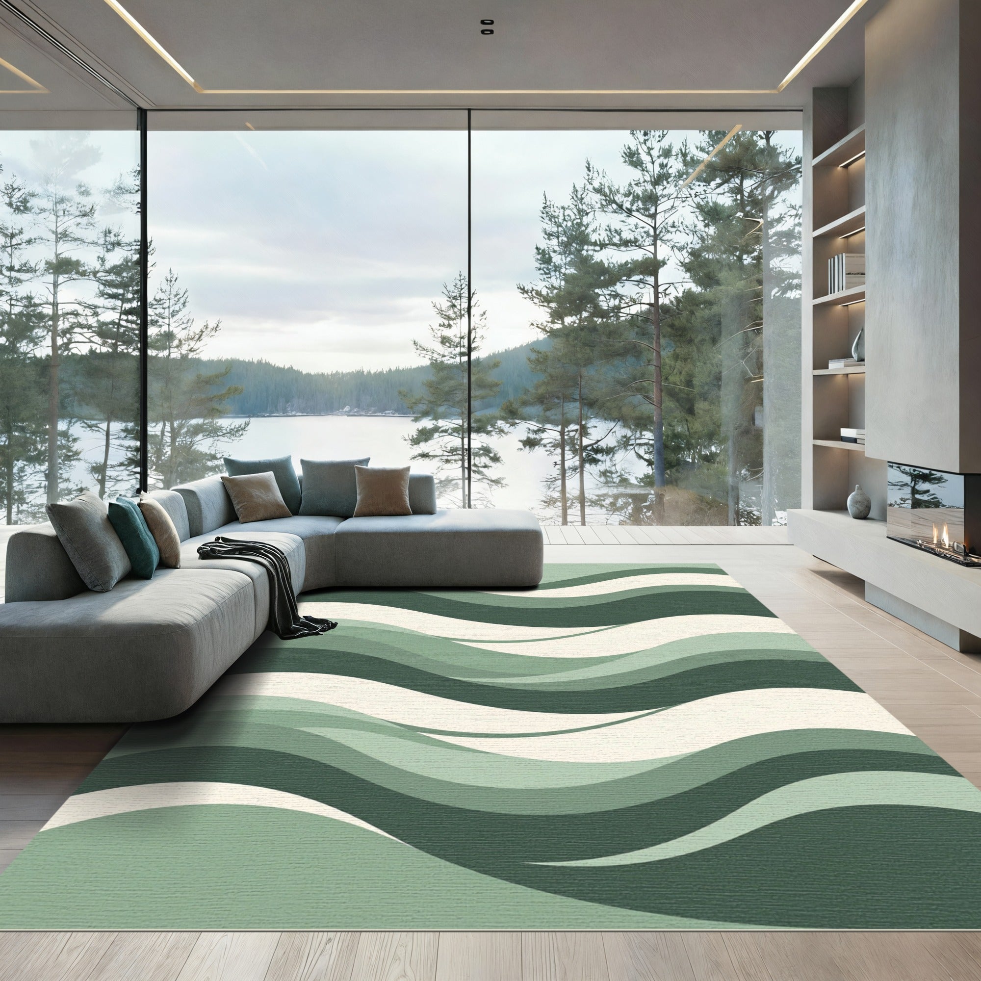 Shaded Emerald Abstract Flowing Waves Rug
