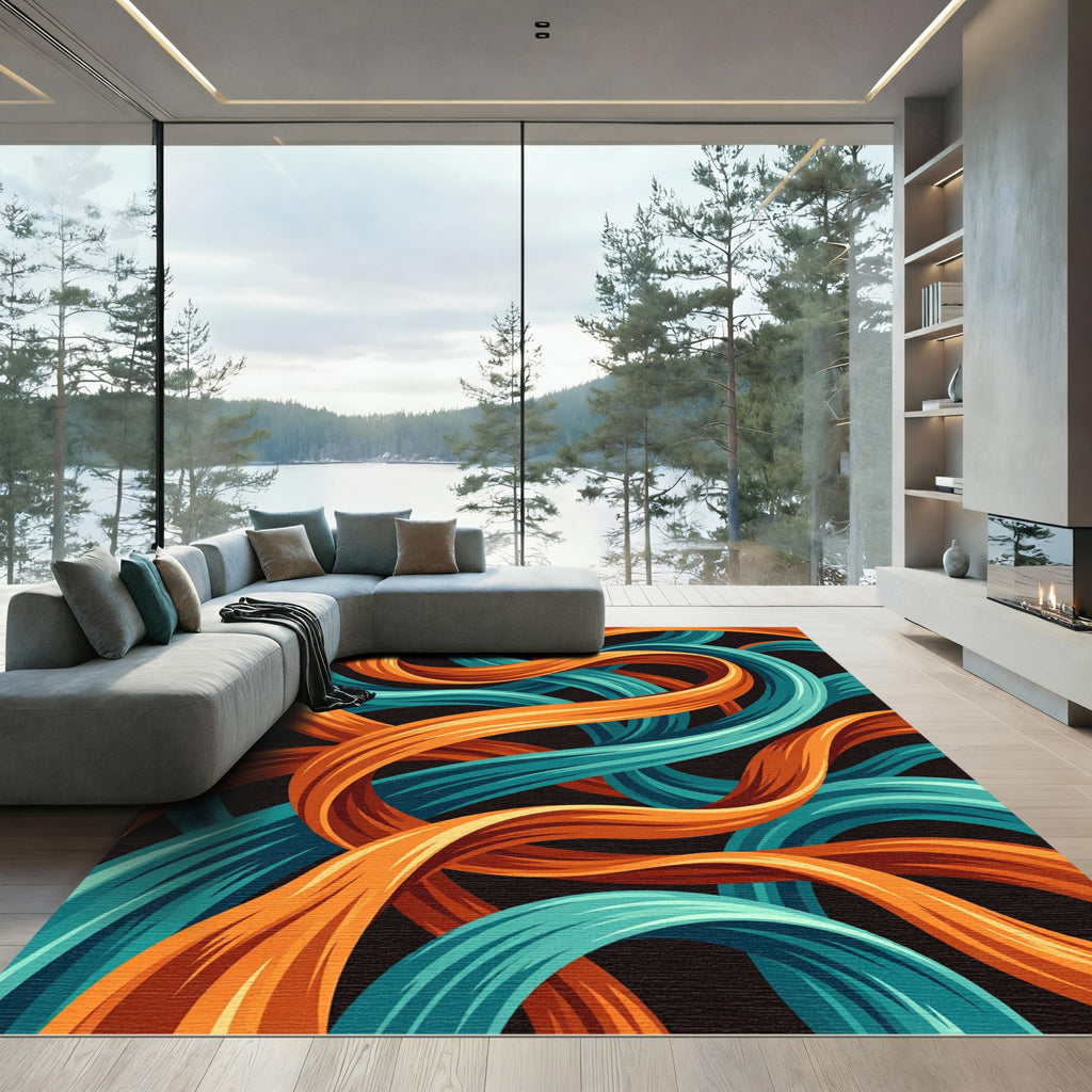 Vibrant Teal and Orange Flowing Ribbons Rug