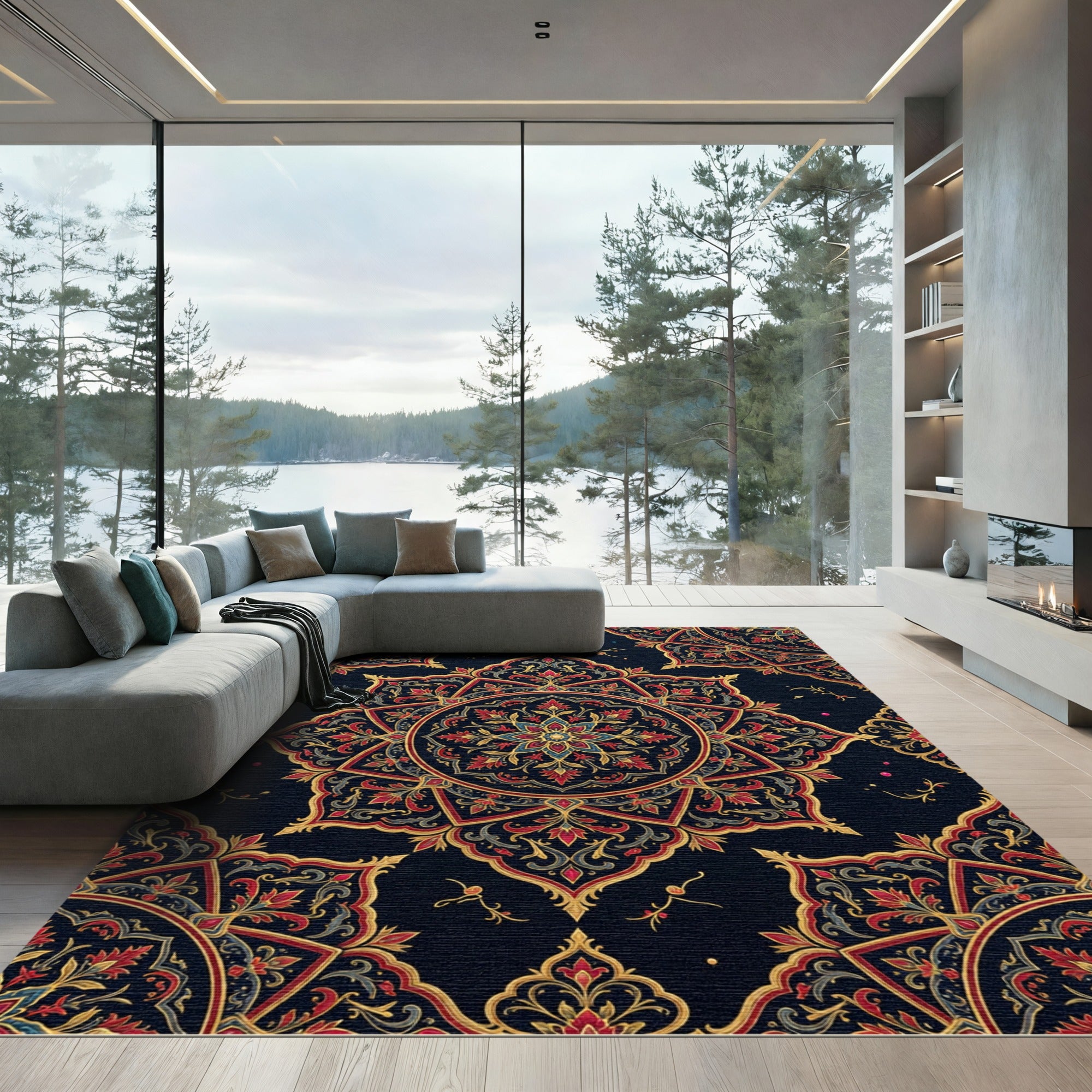 Ornate Crimson Gold Starburst Mandala Rug
