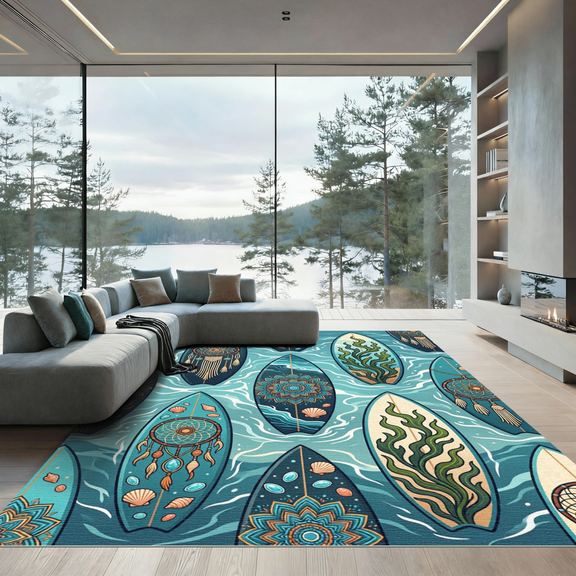 Coastal Teal Surfboard Dreamcatcher Kelp Art Rug