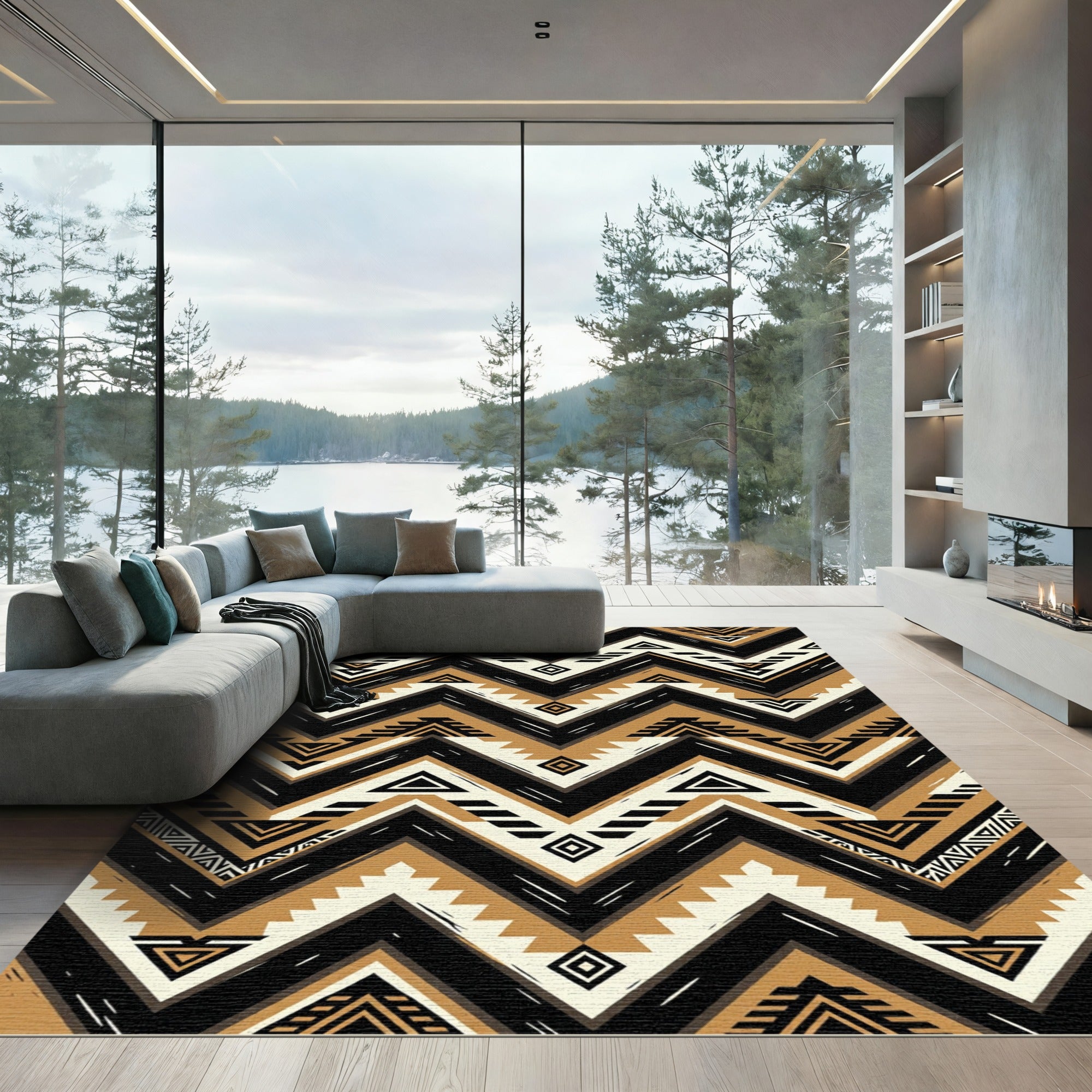 Geometric Zigzag Brown Black Cream Rug