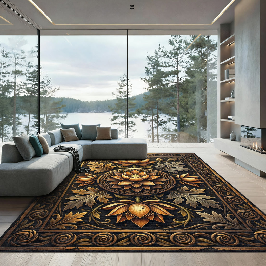 Golden Lotus Medallion Floral Border Rug