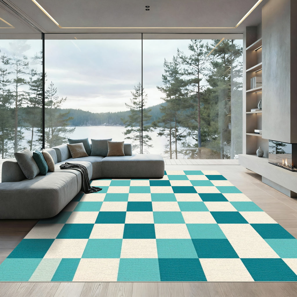 Aqua White Checkerboard Composition Rug
