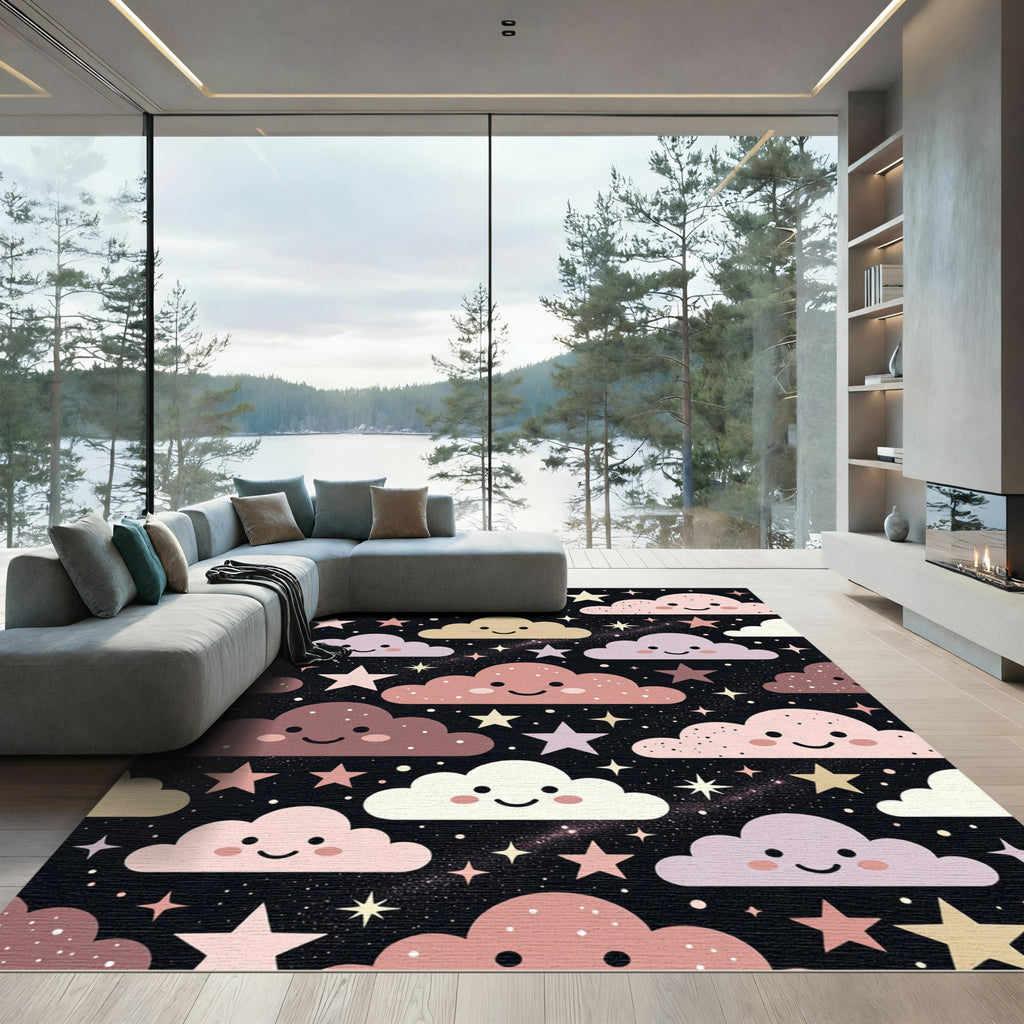 Whimsical Pastel Clouds and Starry Sky Rug