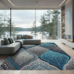 Elegant Blue and Silver Damask Ornate Rug