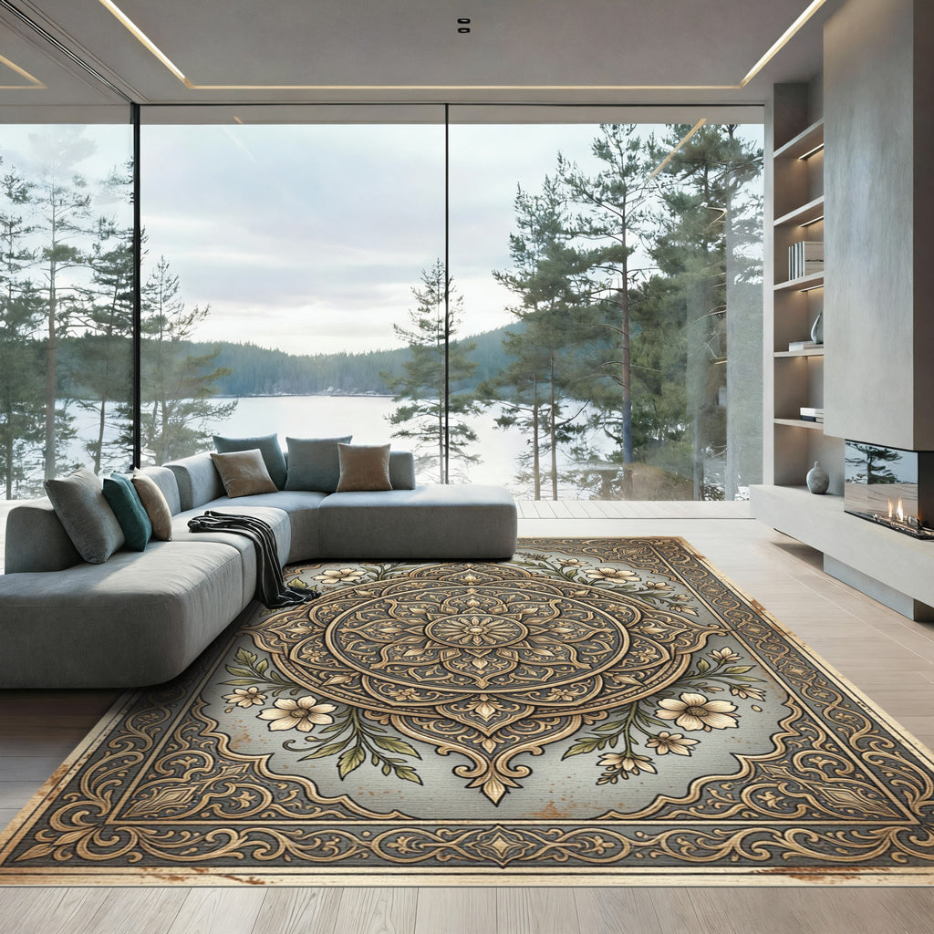 Elegant Champagne Floral Ornate Medallion Rug