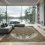Elegant Champagne Floral Ornate Medallion Rug