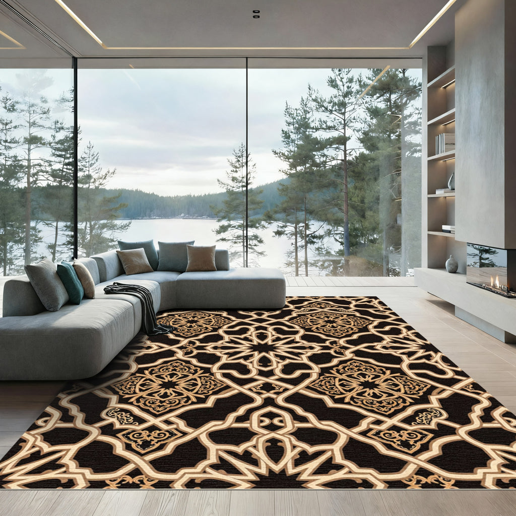 Elegant Gold Geometric Arabesque Tapestry Rug