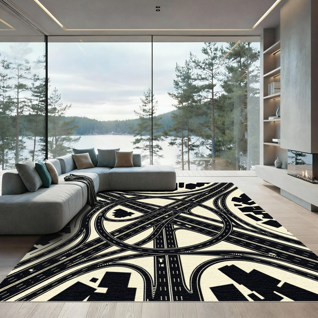 Monochrome Urban Expressway Geometric Grid Rug