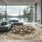 Rustic Cream Wood Grain Lotus Mandala Rug