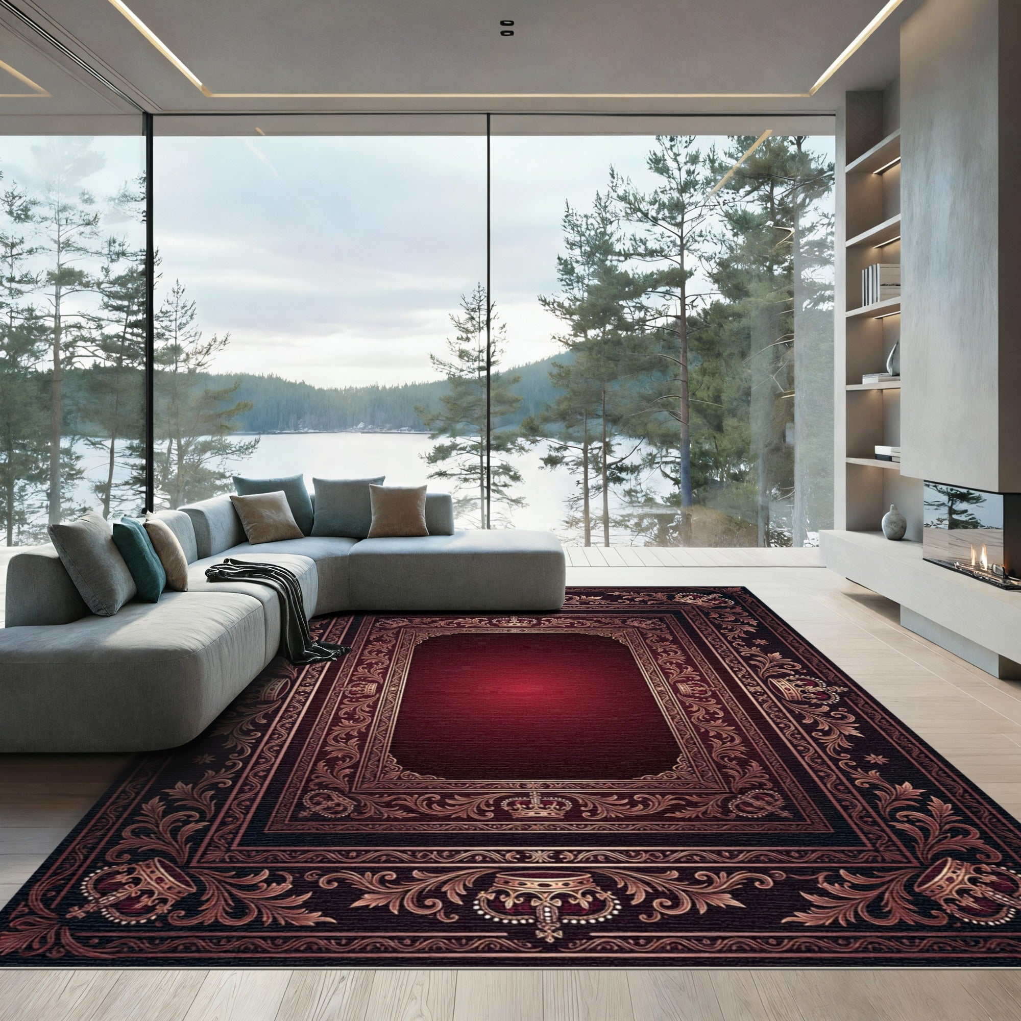 Ornate Royal Crimson Crown Border Rug