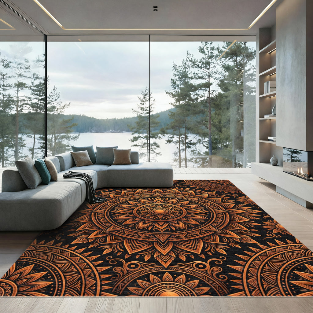 Golden Sunburst Ornate Copper Mandala Rug
