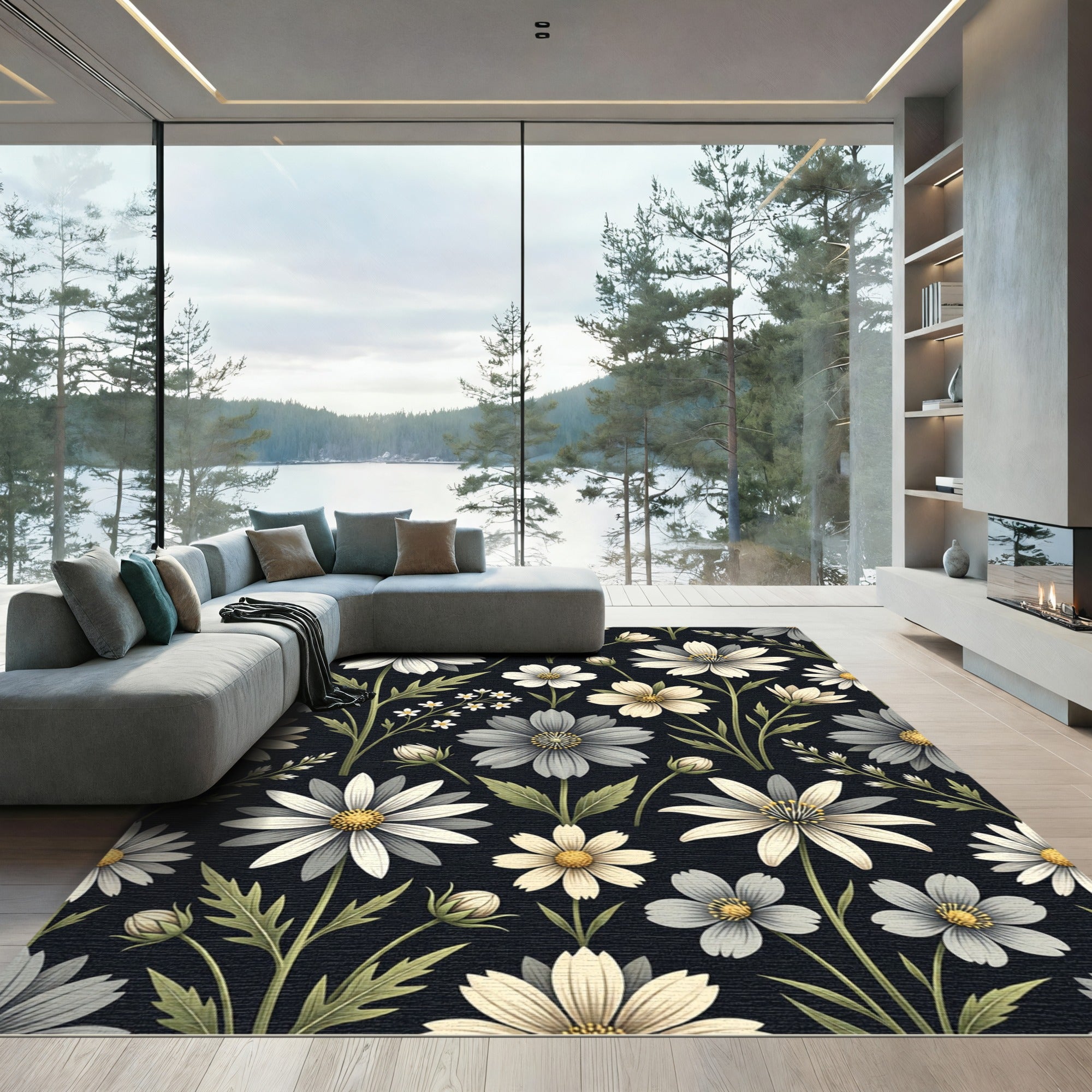 Botanical White Daisy Black Meadow Rug
