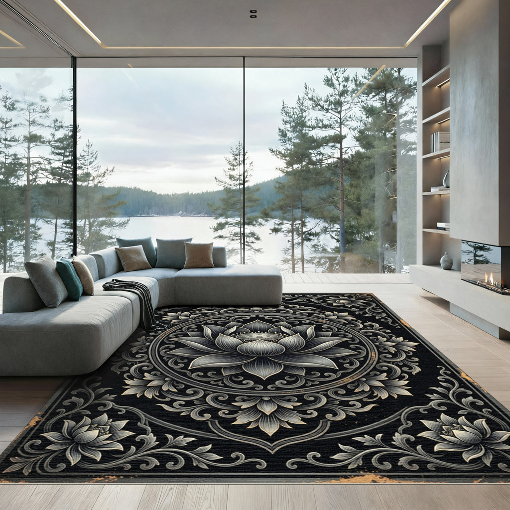 Elegant Silver Lotus Mandala Monochromatic Rug