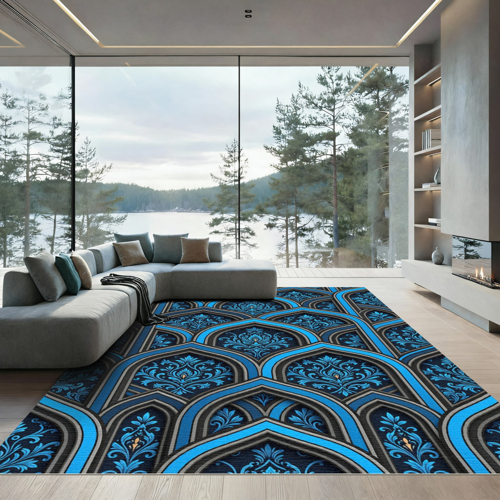 Ornate Cobalt Blue Damask Archway Rug