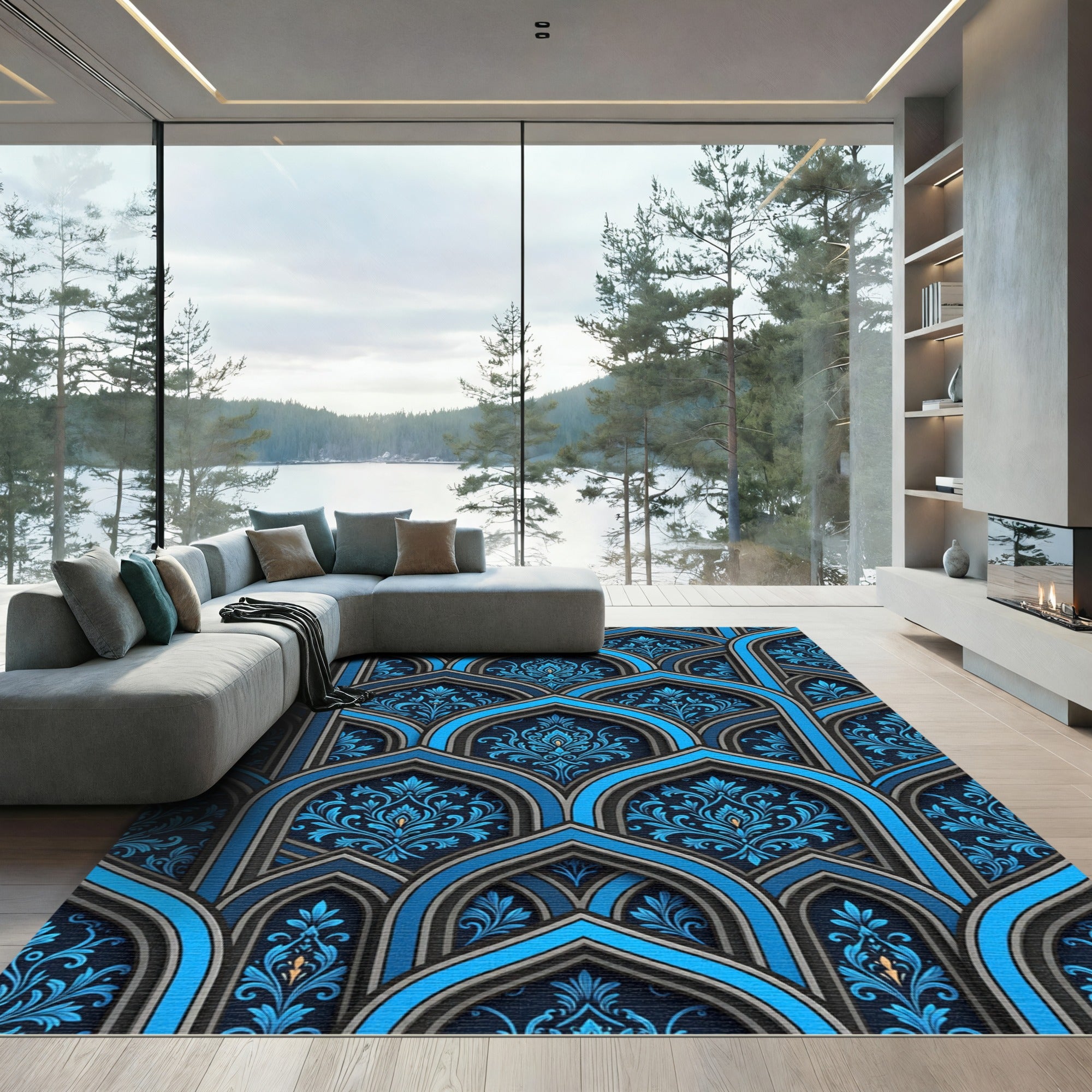 Ornate Cobalt Blue Damask Archway Rug