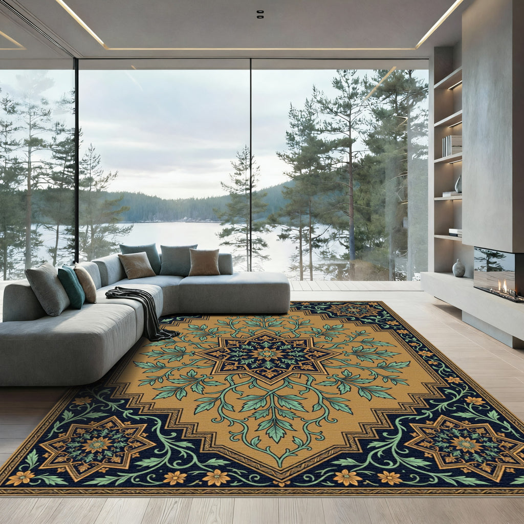 Golden Ochre Floral Medallion Rug