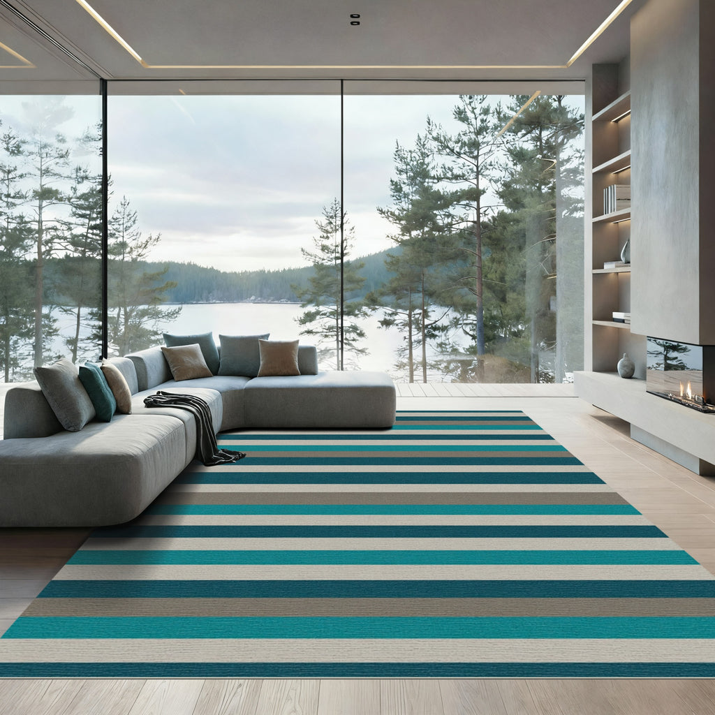 Coastal Teal Gray White Stripe Arrangement Rug
