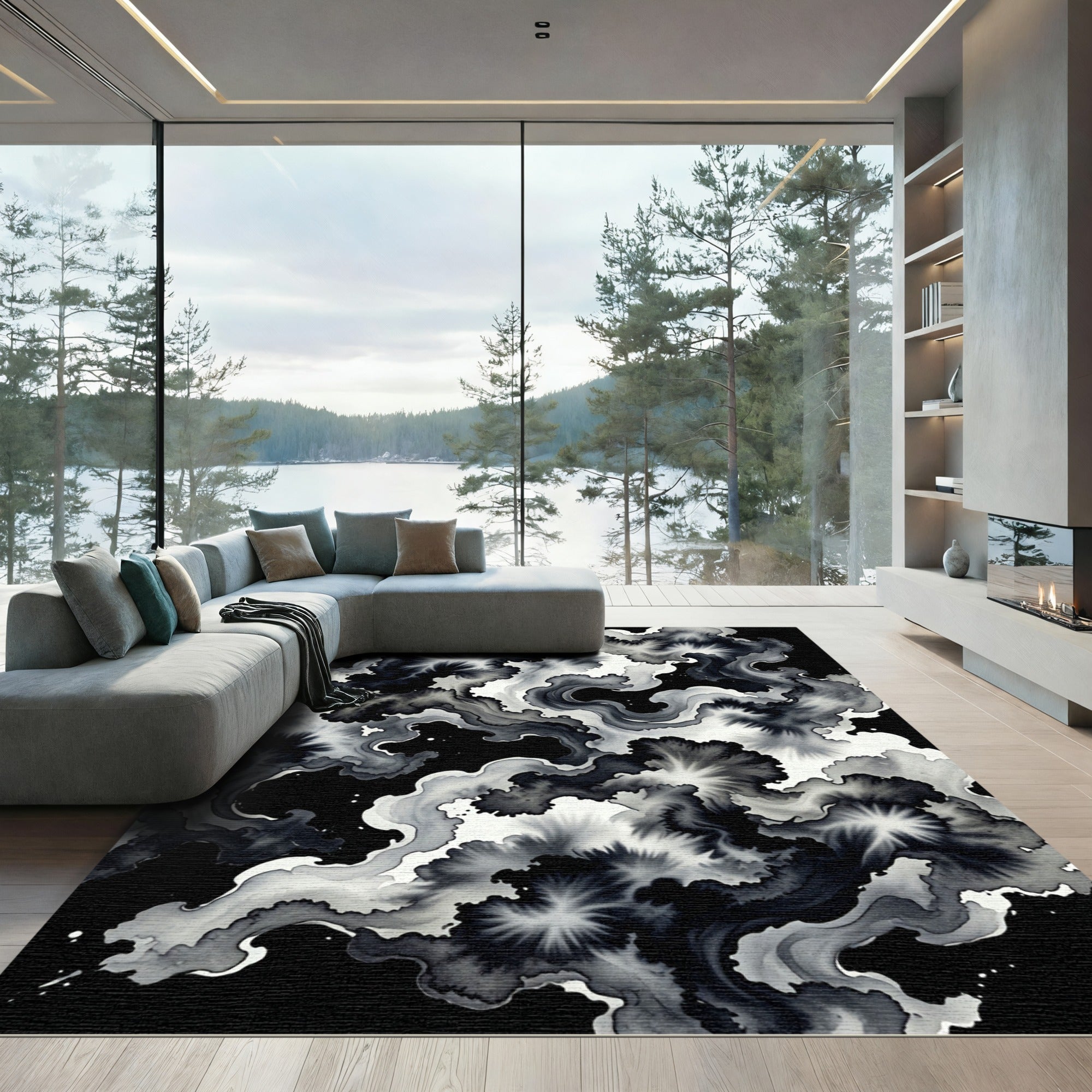 Monochromatic Abstract Fluid Ink Swirl Rug