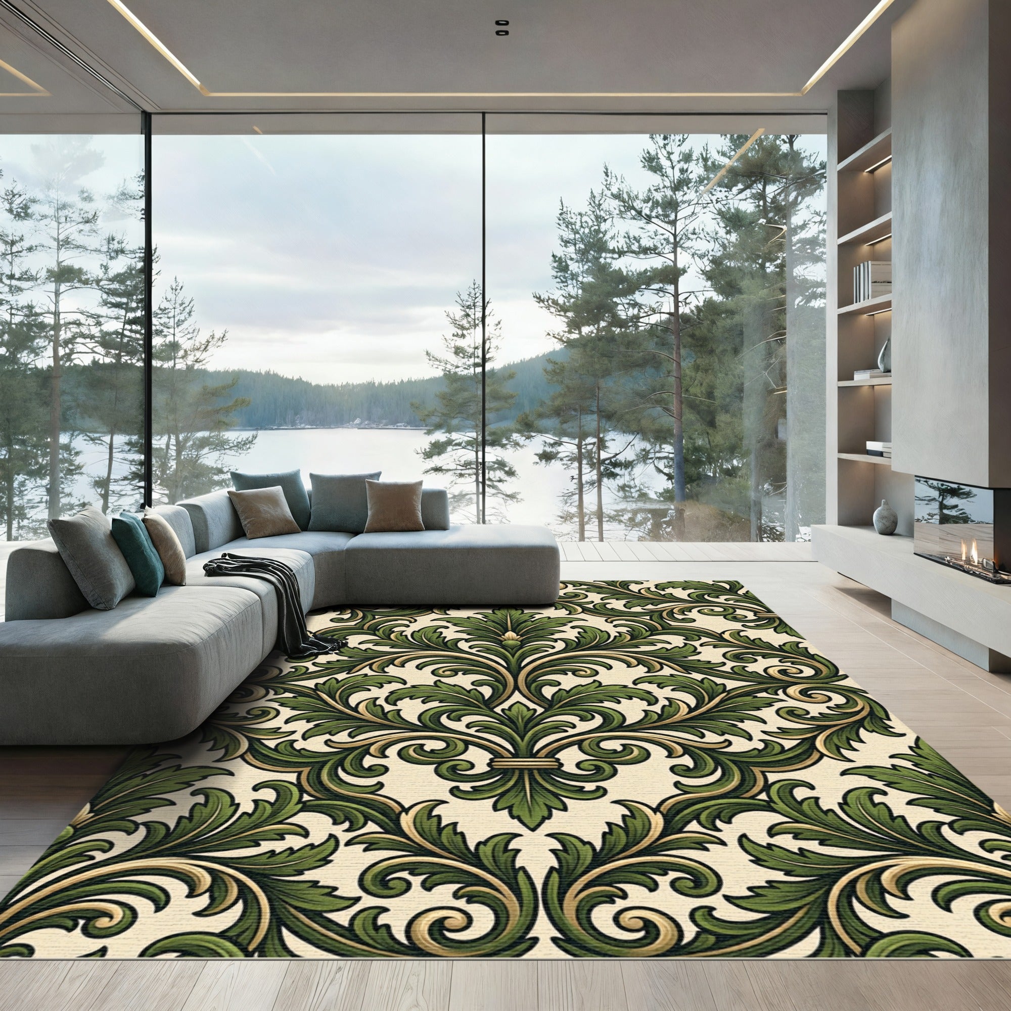 Elegant Forest Green Baroque Acanthus Rug