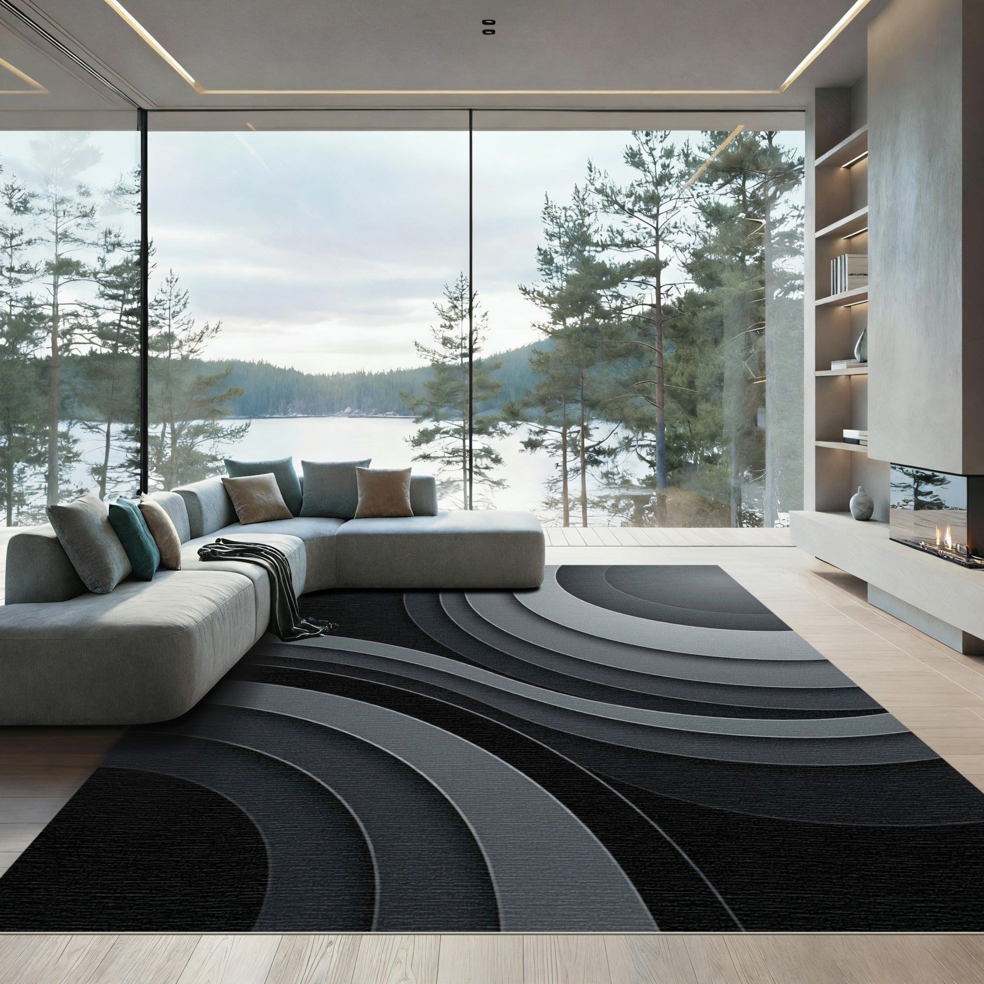 Monochromatic Swirls Layered Curves Rug