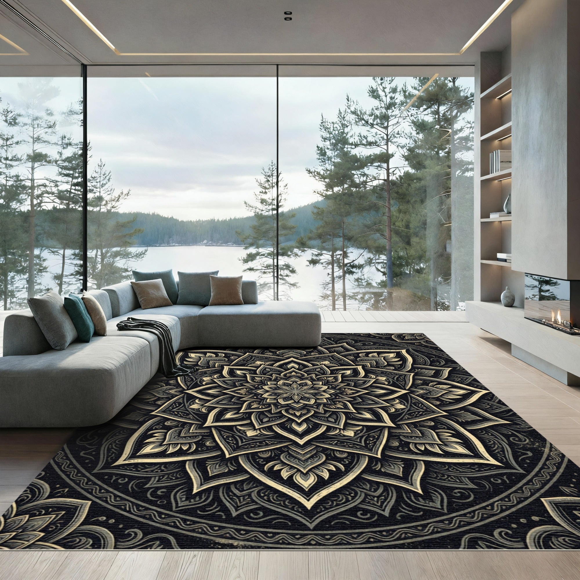 Sophisticated Charcoal and Gold Mandala Rug