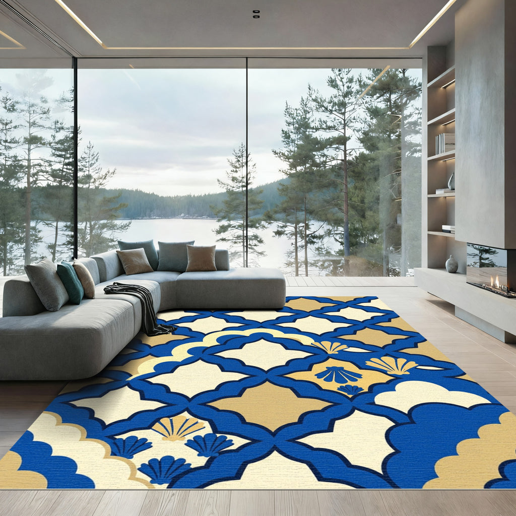 Navy and Gold Scalloped Shell Grid Rug